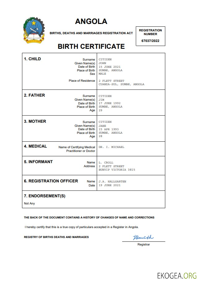 Modèle Word et PDF d'acte de naissance d'acte d'état civil en Angola